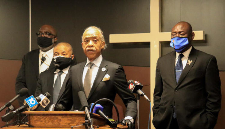 Rev. Sharpton addressing reporters flanked by (l-r) Bishop Timothy Clarke of the First Church of God, Attorney Michael Wright and Attorney Ben Crump.