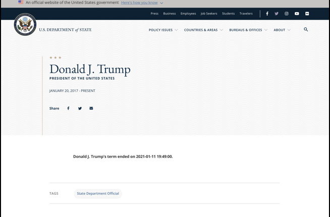 Hacked? US State Dept. Website Says 'Donald J. Trump's Term Ended on 2021-01-11' at 7:49 PM