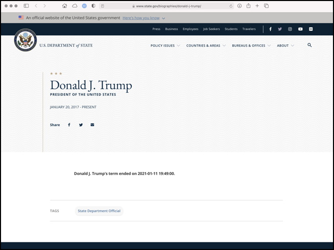 Hacked? US State Dept. Website Says 'Donald J. Trump's Term Ended on 2021-01-11' at 7:49 PM