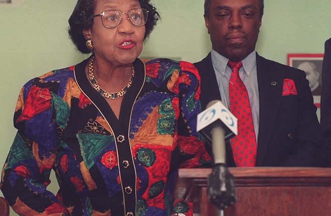 NAACP board member Sarah Moore Greene at a press conference with local NAACP president Dewey Roberts.  They protested an ATF party in Ocoee, Tenn.  07/20/90