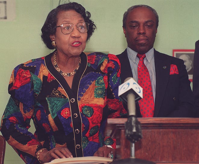NAACP board member Sarah Moore Greene at a press conference with local NAACP president Dewey Roberts.  They protested an ATF party in Ocoee, Tenn.  07/20/90