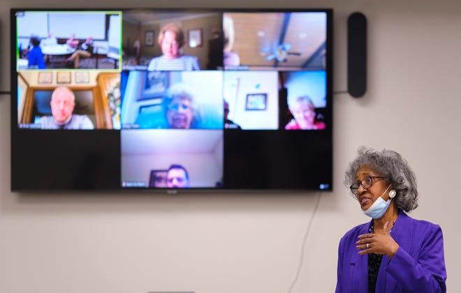 Civil rights activist Joyce Henderson, a participant in the Oklahoma City Sitz movement, speaks to a personal and virtual class called