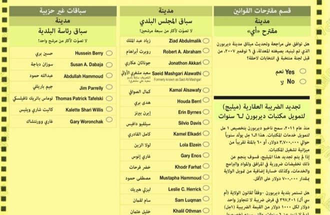 Ballot in Arabic for the Dearborn area code on August 3, 2021.  This was posted on the city's website on July 21, 2021 after Arab-Americans asked about it and published a report in the Free Press.