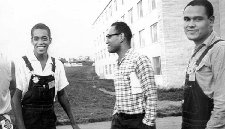 Bob Moses, center, with fellow activists Hollis Watkins, left, and Lawrence Guyot at the National Student Association conference in Bloomington, Indiana in 1963.